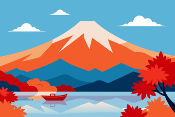 Serene mount fuji landscape with red boat and autumn foliage