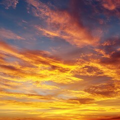 Obraz premium Fiery sunset cloudscape Dramatic sky colors Vivid orange and yellow hues Natural weather phenomenon Colorful clouds at sunset High resolution image