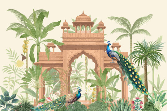 Traditional Mughal garden architecture with exotic birds wallpaper. Mughal Garden arch peacock wallpaper.