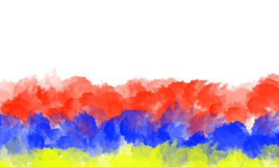 Vibrant abstract watercolor splashes in red, blue, and yellow evoke a sense of energetic expression.