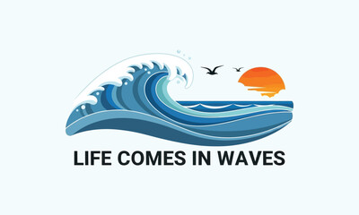 Fototapeta premium Ocean Wave Illustration with Birds, Sun, and “Life Comes in Waves” Quote – Inspirational Nature Design in Blue and Orange for Wellness, Adventure, or Decor