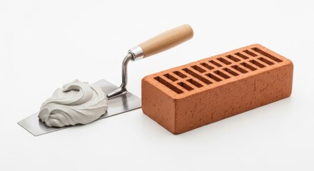 Brick and trowel  isolated on white background	