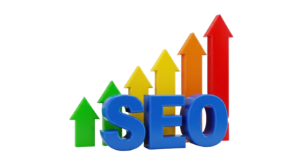 Volumetric 3D blue 'SEO' text with four progressively taller colorful upward arrows on white background with soft reflections, concept of digital marketing growth