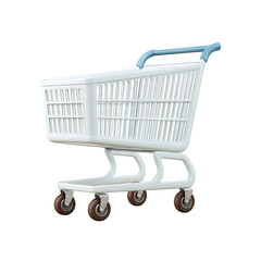 A clean, white plastic shopping cart with blue handles and brown wheels, isolated on a transparent background, representing commerce and retail