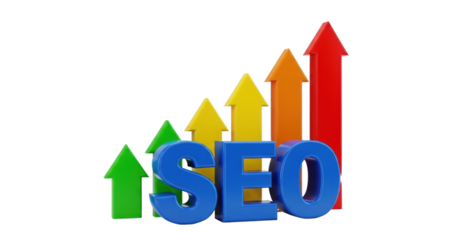 Volumetric 3D blue 'SEO' text with four progressively taller colorful upward arrows on white background with soft reflections, concept of digital marketing growth