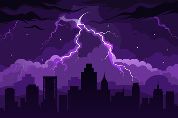 Fototapeta premium Dramatic purple lightning strikes a dark city skyline during a storm