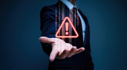 Digital Threat in Focus: A professional in a tailored suit presents an illuminated, triangular warning sign, symbolizing an urgent digital alert. Set against a dark and blurred background.