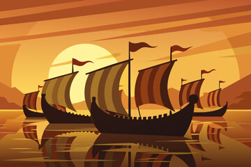 Naklejka premium Viking longships sail at sunset