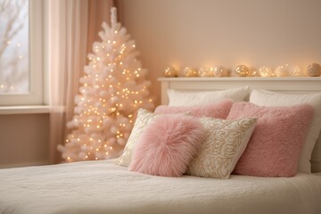 Cozy bedroom interior featuring soft pink pillows on a white bed, with a beautifully decorated Christmas tree glowing in the background, creating a warm festive atmosphere