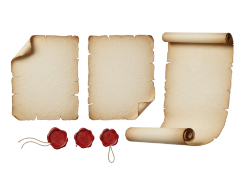 Aged parchment paper sheets, unrolled scroll, and red wax seals with twine, isolated on a transparent background with copy space, soft studio light. Concept of historical authenticity and timeless