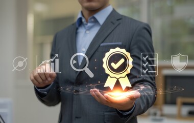 Business quality certification: a professional in a well-tailored suit, holding up a golden quality control icon with integrated futuristic elements and visual effects.