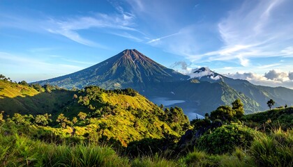 Fototapeta premium A vibrant landscape showcases a majestic volcano, lush greenery, and a tranquil valley, bathed in sunlight.