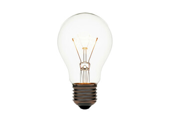 A glowing classic A-type incandescent light bulb with a coiled filament and metallic base, centered on a seamless transparent background with copy space, concept of fundamental innovation