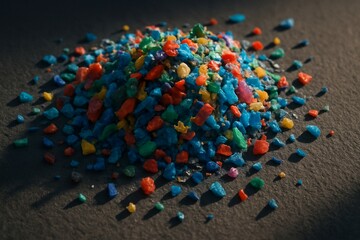 Obraz premium A colorful pile of crushed recycled plastic fragments on a dark surface