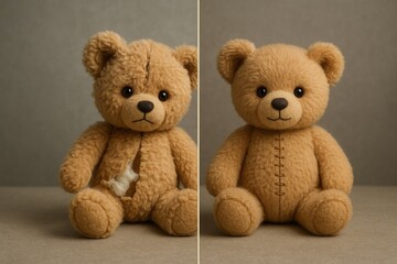 Obraz premium A before-and-after comparison of a ripped teddy bear being repaired and mended