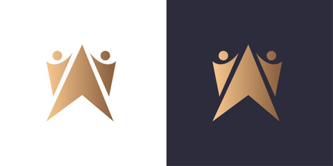 Logo protagonism person arrow success Golden gradient vector emblem logotype for business cards symbol.