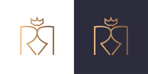 Letter R and R crown logo monogram, minimal style identity initial logo mark. Golden gradient vector emblem logotype for business cards symbol.