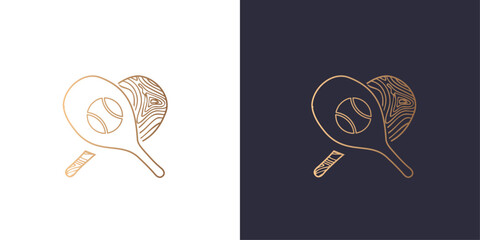 Tennis racket logo with ball, waves, sand, beach Golden gradient vector emblem logotype for business cards symbol.