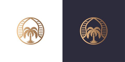 Logo beach ball tennis coconut tree waves Golden gradient vector emblem logotype for business cards symbol.