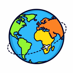 Obraz premium Colorful world globe icon with airplane flight path for travel and tourism apps
