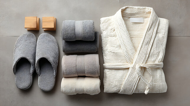 Elegant spa day essentials a luxurious bathrobe, plush slippers, soft towels, and aromatic soap, creating a serene and pampering experience - Powered by Adobe