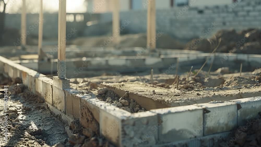 Poster a construction site with a concrete block foundation, ideal for use in architecture or infrastructur