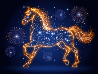Glowing horse silhouette adorned with sparkling stars and vibrant fireworks, creating a magical atmosphere, perfect for fantasy-themed designs and celebrations
