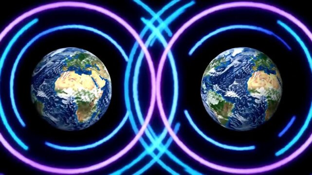 Two Earth globes encircled by swirling neon lines of purple and blue