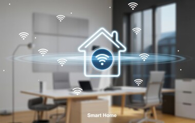 Smart Home Technology: A digital depiction of a smart home, symbolized by a house icon with a wireless signal emitting throughout the office space, representing interconnected devices, automation.