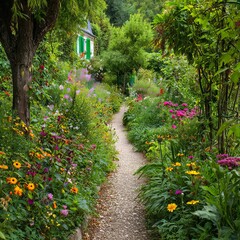 Obraz premium Garden Pathway to Tranquility: A serene garden pathway, lined with vibrant flowers and lush greenery, guides the eye toward a charming house, evoking a sense of peace, beauty.