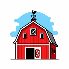 Charming Vector Illustration of a Classic Red Barn with Weather Vane Against a Blue Sky