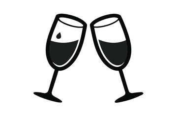 Two Wine Glasses Clinking with Liquid, Black and White Celebration Graphic Silhouette Icon