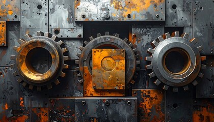 A detailed image of interlocking metal gears and panels, showcasing a blend of dark gray, rusty orange, and gold tones.