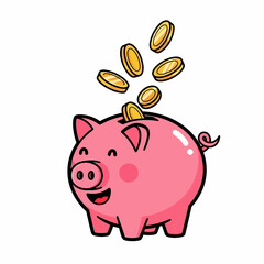 A cheerful pink piggy bank illustration with golden coins dropping in, symbolizing successful savings, personal finance management, and economic growth