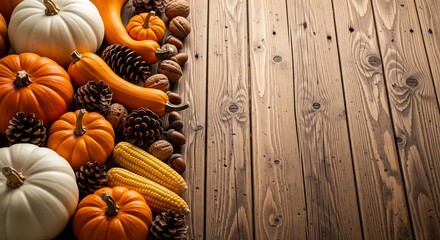 Harvest bounty autumn pumpkins gourds corn carrots vegetables on rustic wood surface