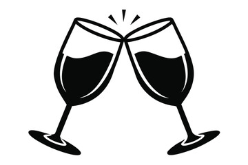 Two Wine Glasses Toasting Celebration | Black Vector Illustration, Festive Cheers, Party