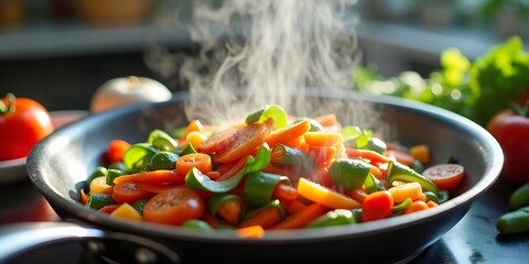 Fresh Vegetables Cooking in Stainless Steel Pan with Rising Steam