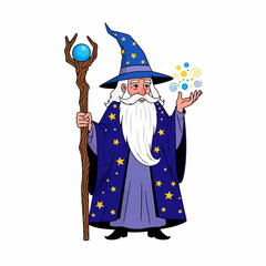 Charming illustration of a powerful sorcerer featuring a flowing white beard, a mystical blue pointed hat, and a magical staff, conjuring vibrant magic