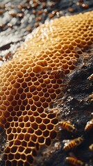Honeycomb Structure with Bees on Dark, Wet Surface hive insect photo