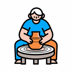 Simple flat illustration of a potter working with clay on a wheel. Concept of handmade ceramics, art, and creative workshops