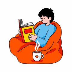 Cozy Reading Time Person Relaxing in Bean Bag Chair with Book and Warm Drink