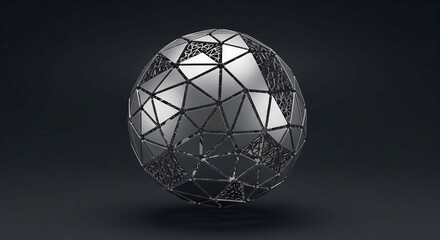 Abstract metallic sphere with geometric facets and futuristic design in studio lighting