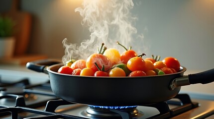 Editorial Still Life of Fresh Vegetables Cooking with Steam