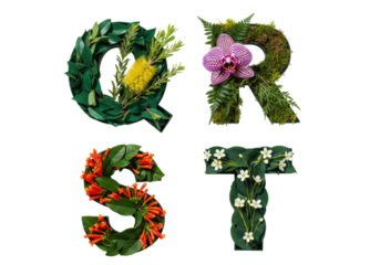 Volumetric letters Q, R, S, T filled with vibrant emerald foliage, yellow bottlebrush, purple orchid, orange-red, white flowers, on a transparent background, soft studio lighting, botanical alphabet