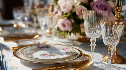 Naklejka premium Closeup of a beautifully decorated table setting with floral arrangements and crystal glasses