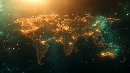 Illuminated World Map with Glowing Cities and Starry Cosmic photo Background global network