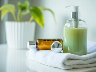 Spa Essentials Still Life: A tranquil spa scene featuring a pump bottle, oil bottle, a folded towel and small potted plant. Perfect for wellness, relaxation, and skincare imagery.