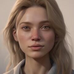 A highly detailed, hyper-realistic close-up portrait of an AI-generated human face. This digital artwork features lifelike skin textures, expressive eyes, and natural lighting.