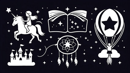 Magical night scene featuring unicorn, girl, book, and hot air balloon