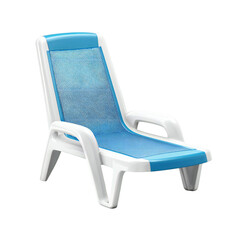 A white plastic lounge chair with a blue mesh seat and back, perfect for relaxing by the pool or on the beach, isolated on transparent background